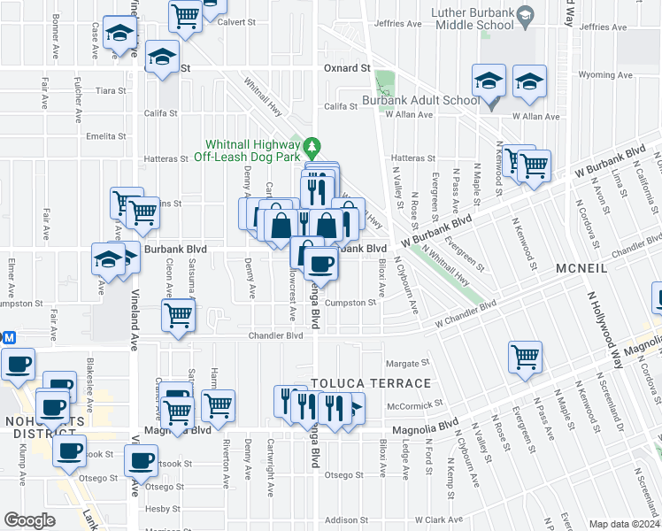 map of restaurants, bars, coffee shops, grocery stores, and more near 5553 Auckland Avenue in Los Angeles
