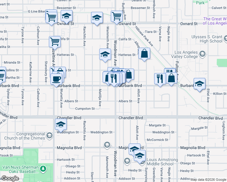 map of restaurants, bars, coffee shops, grocery stores, and more near 5540 Woodman Avenue in Los Angeles