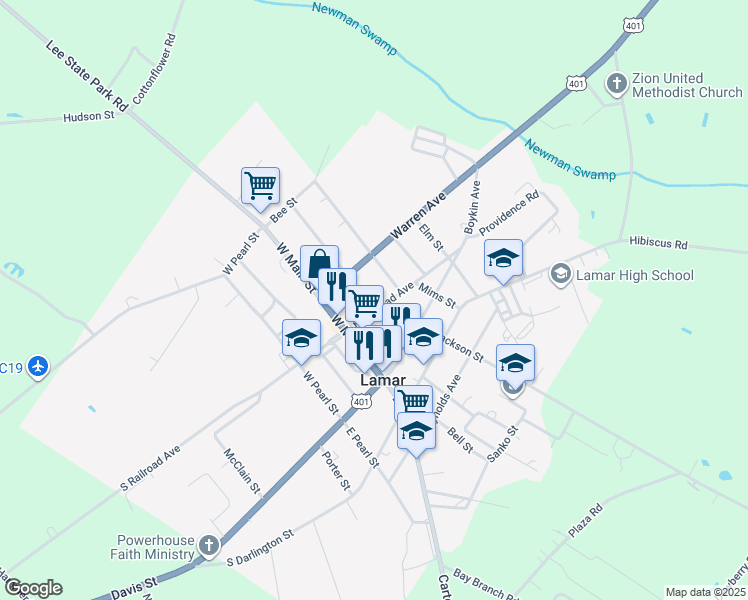 map of restaurants, bars, coffee shops, grocery stores, and more near 201 North Railroad Avenue in Lamar