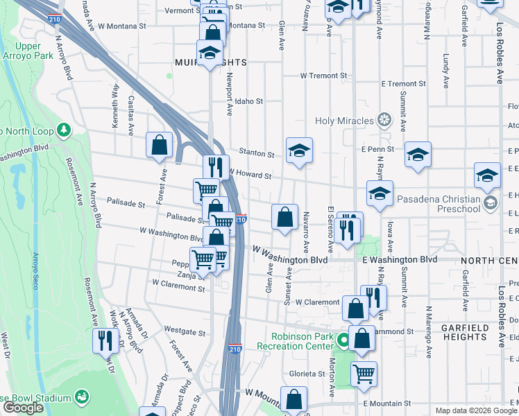 map of restaurants, bars, coffee shops, grocery stores, and more near 272 Del Monte Street in Pasadena