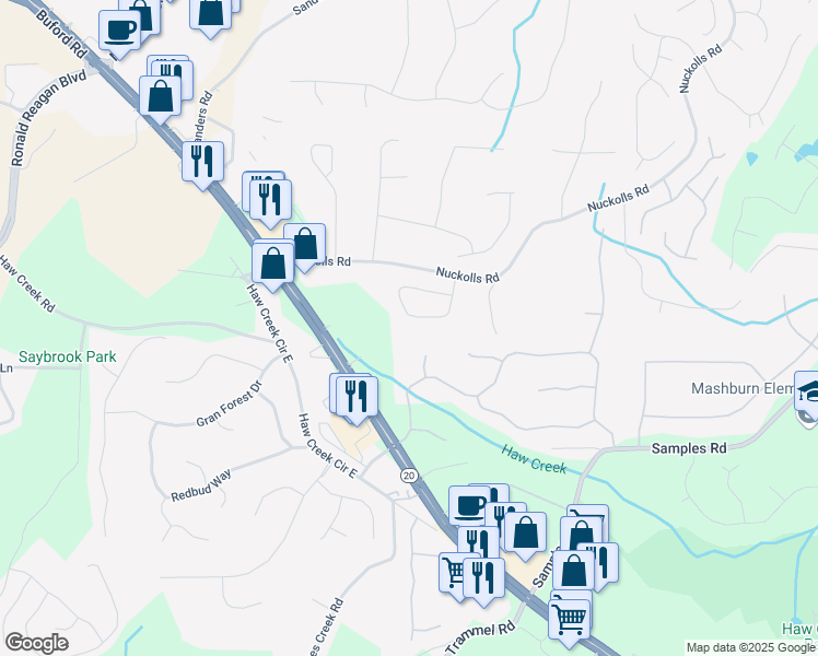 map of restaurants, bars, coffee shops, grocery stores, and more near 2617 Grapevine Circle in Cumming