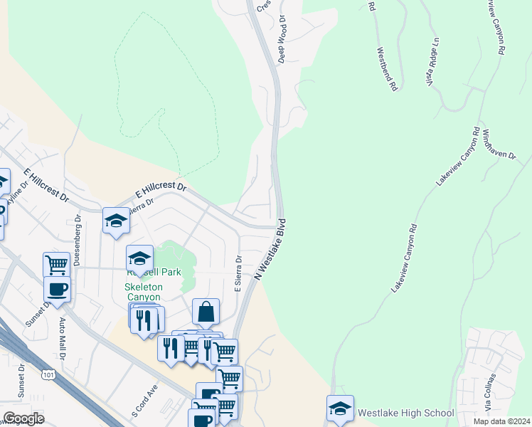 map of restaurants, bars, coffee shops, grocery stores, and more near 643 Arroyo Oaks Drive in Westlake Village