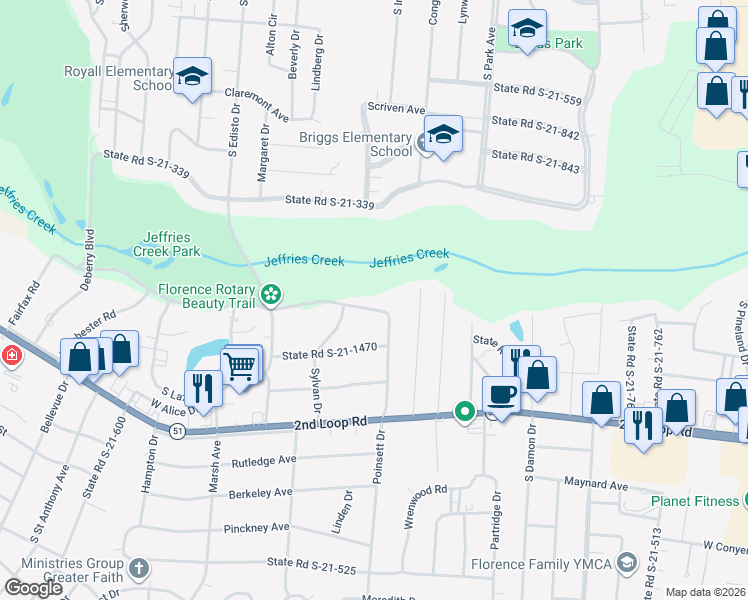 map of restaurants, bars, coffee shops, grocery stores, and more near 1109 State Road S-21-521 in Florence