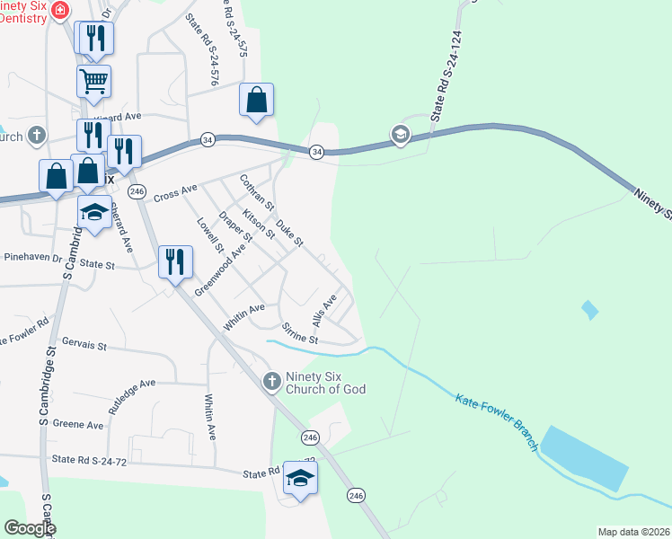 map of restaurants, bars, coffee shops, grocery stores, and more near 217 Duke Street in Ninety Six