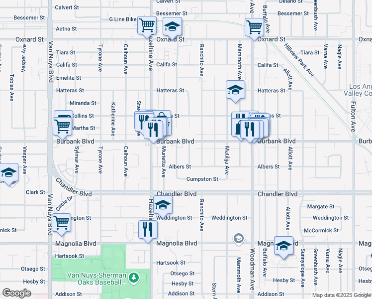 map of restaurants, bars, coffee shops, grocery stores, and more near 5541 Colbath Avenue in Los Angeles
