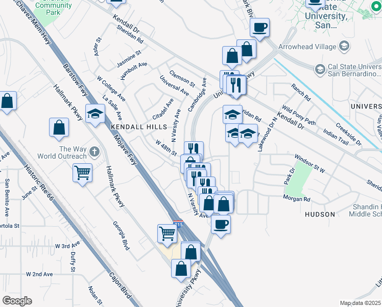 map of restaurants, bars, coffee shops, grocery stores, and more near 4823 Cambridge Avenue in San Bernardino