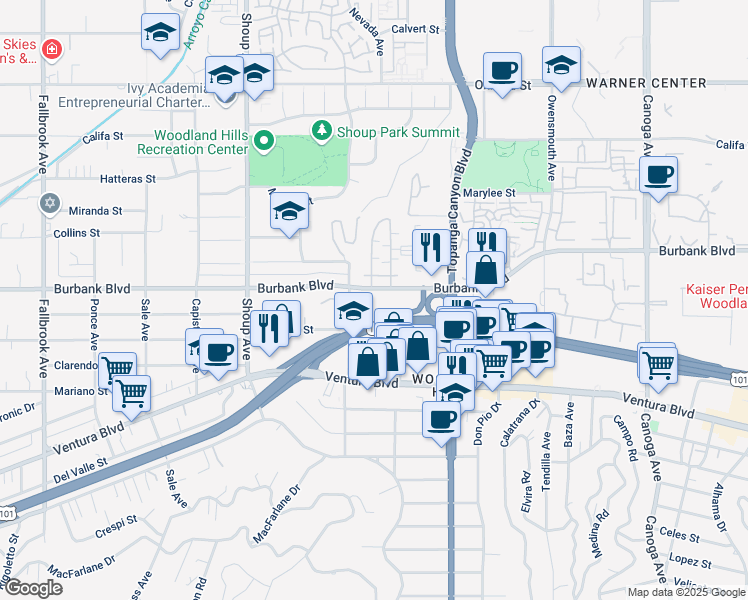 map of restaurants, bars, coffee shops, grocery stores, and more near 22100 Burbank Boulevard in Los Angeles