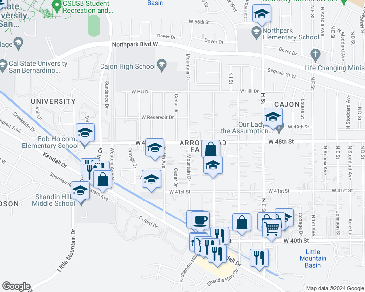 map of restaurants, bars, coffee shops, grocery stores, and more near 1105 West 48th Street in San Bernardino County