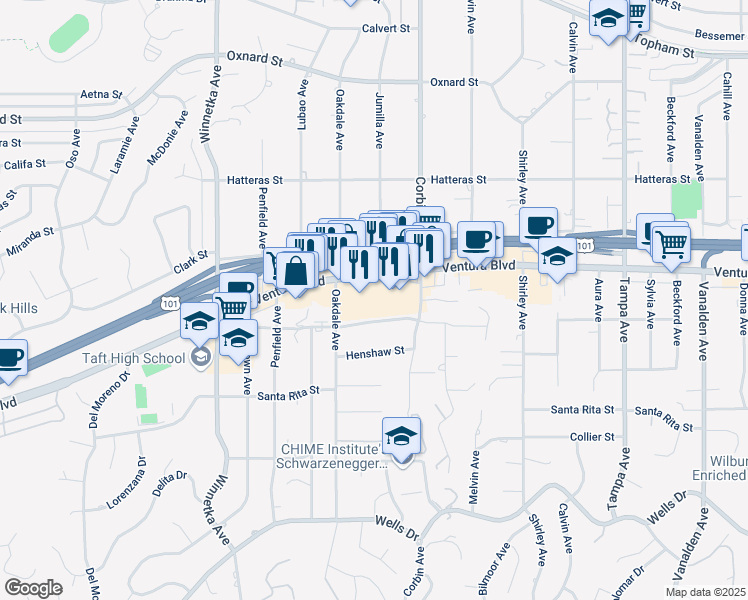 map of restaurants, bars, coffee shops, grocery stores, and more near 19800 Ventura Boulevard in Los Angeles