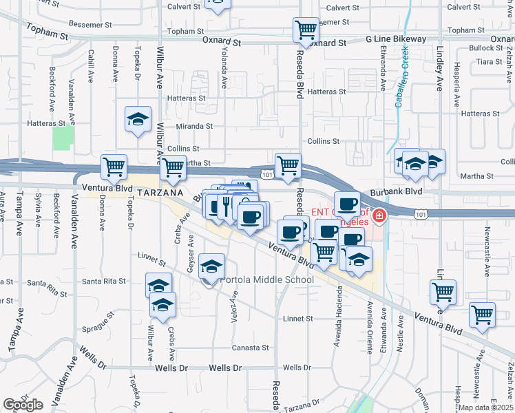 map of restaurants, bars, coffee shops, grocery stores, and more near 18617 Clark Street in Los Angeles