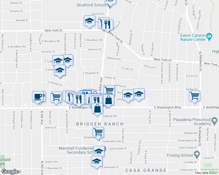 map of restaurants, bars, coffee shops, grocery stores, and more near 1495 Bellford Avenue in Pasadena