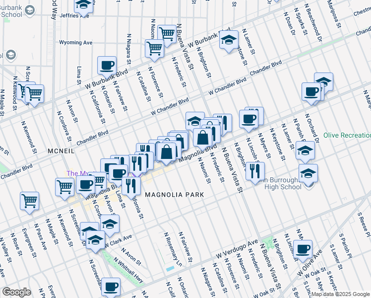 map of restaurants, bars, coffee shops, grocery stores, and more near 814 North Florence Street in Burbank