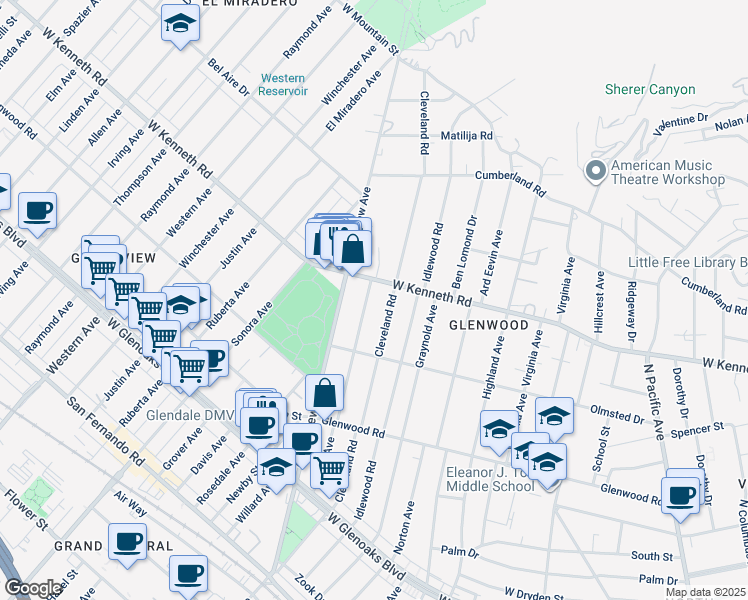map of restaurants, bars, coffee shops, grocery stores, and more near 1454 Bruce Avenue in Glendale