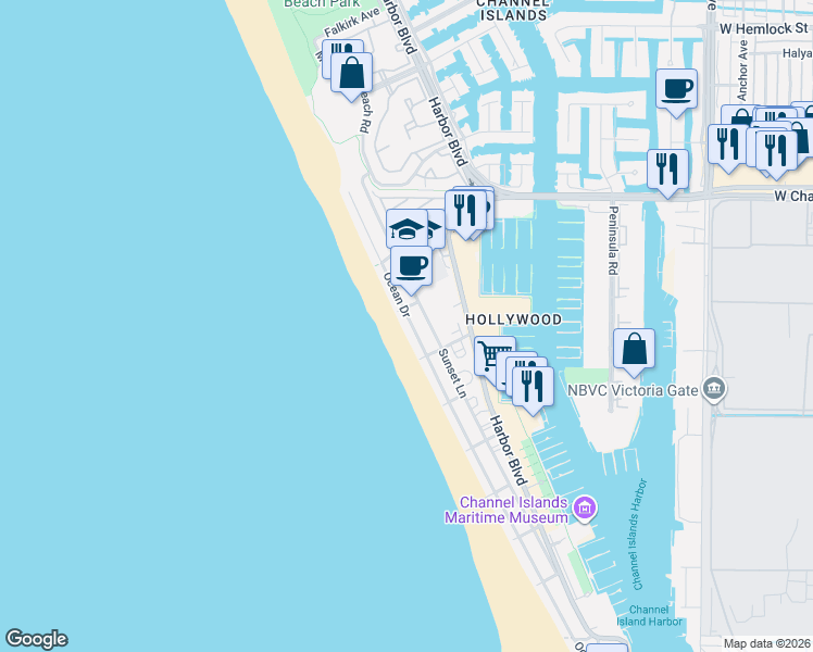 map of restaurants, bars, coffee shops, grocery stores, and more near 3941 Ocean Drive in Oxnard