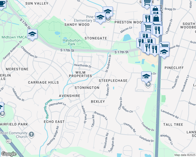 map of restaurants, bars, coffee shops, grocery stores, and more near 1410 Marblehead Court in Wilmington