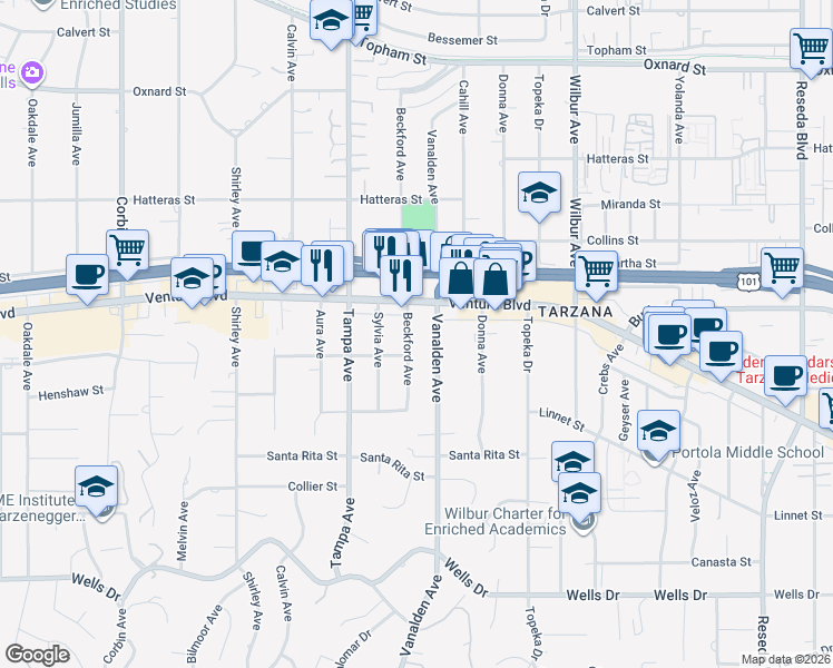 map of restaurants, bars, coffee shops, grocery stores, and more near 5528 Beckford Avenue in Los Angeles