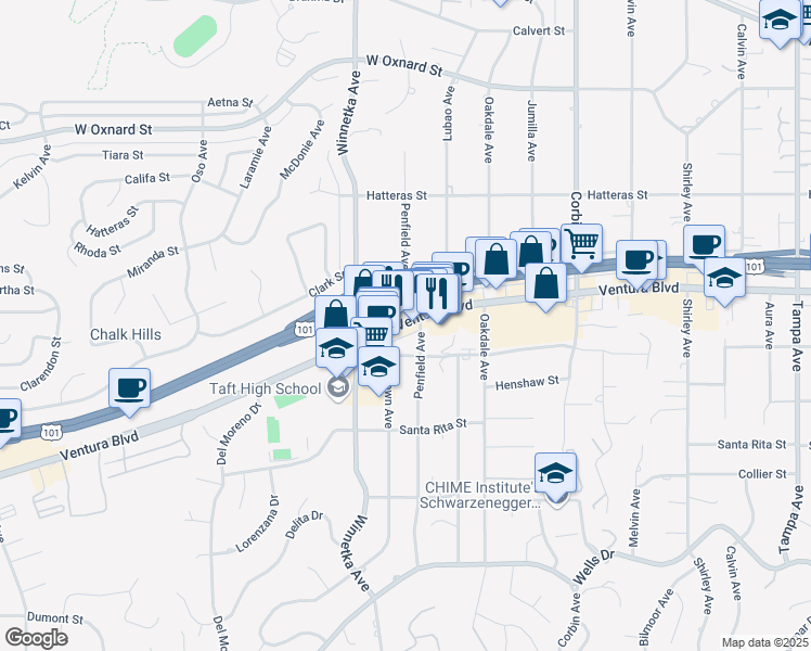 map of restaurants, bars, coffee shops, grocery stores, and more near 20018 Ventura Boulevard in Los Angeles