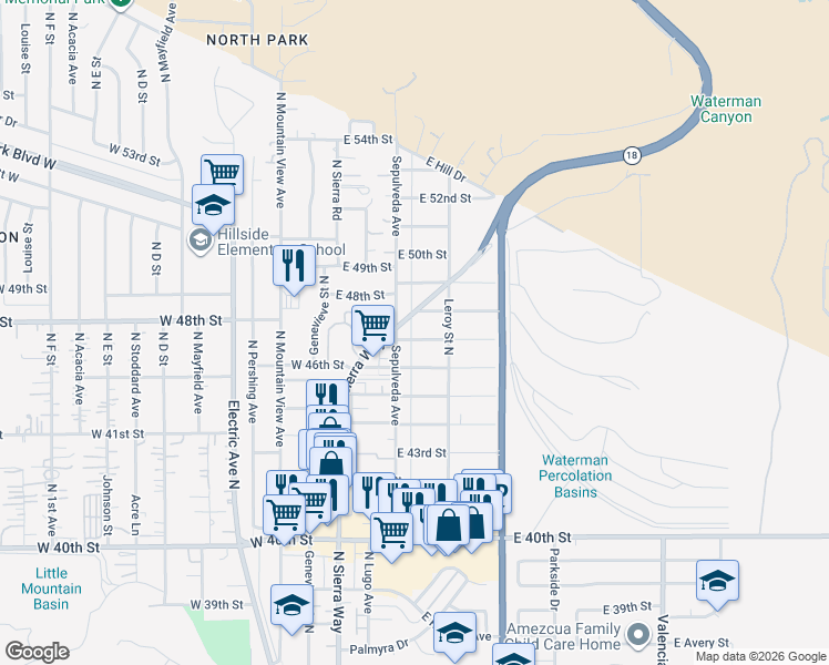 map of restaurants, bars, coffee shops, grocery stores, and more near 220 East 47th Street in San Bernardino