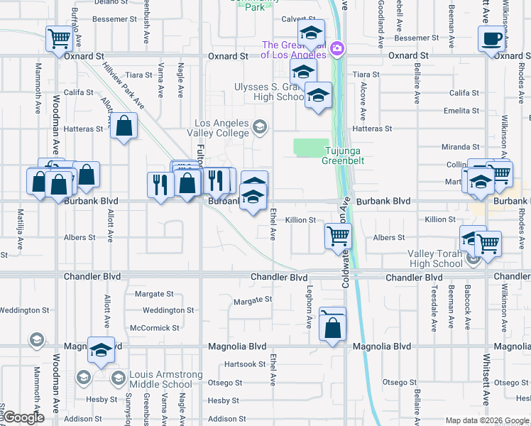 map of restaurants, bars, coffee shops, grocery stores, and more near 5543 Ethel Avenue in Los Angeles