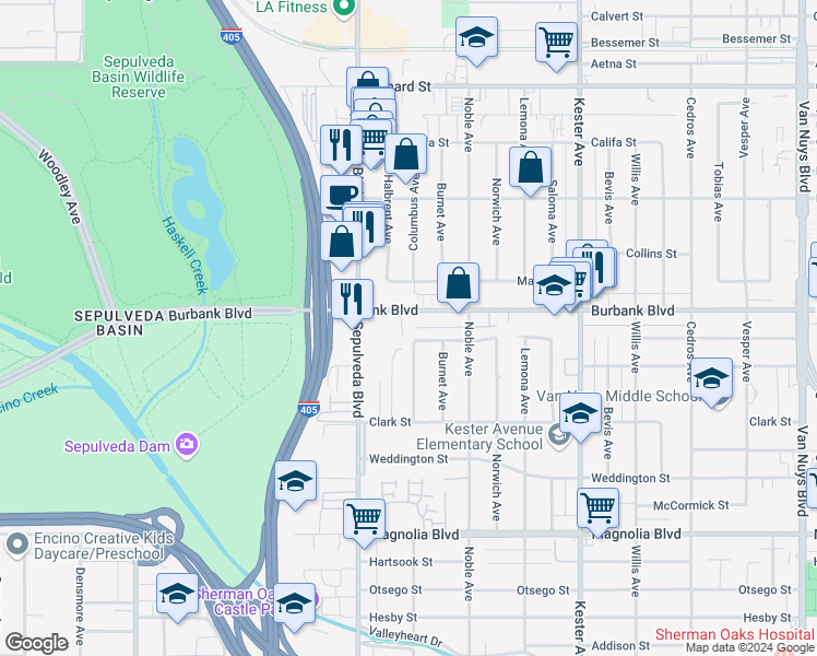 map of restaurants, bars, coffee shops, grocery stores, and more near 15206 Burbank Boulevard in Los Angeles