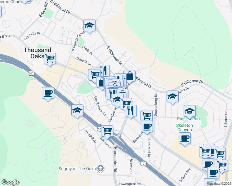 map of restaurants, bars, coffee shops, grocery stores, and more near 2873 Thousand Oaks Boulevard in Thousand Oaks