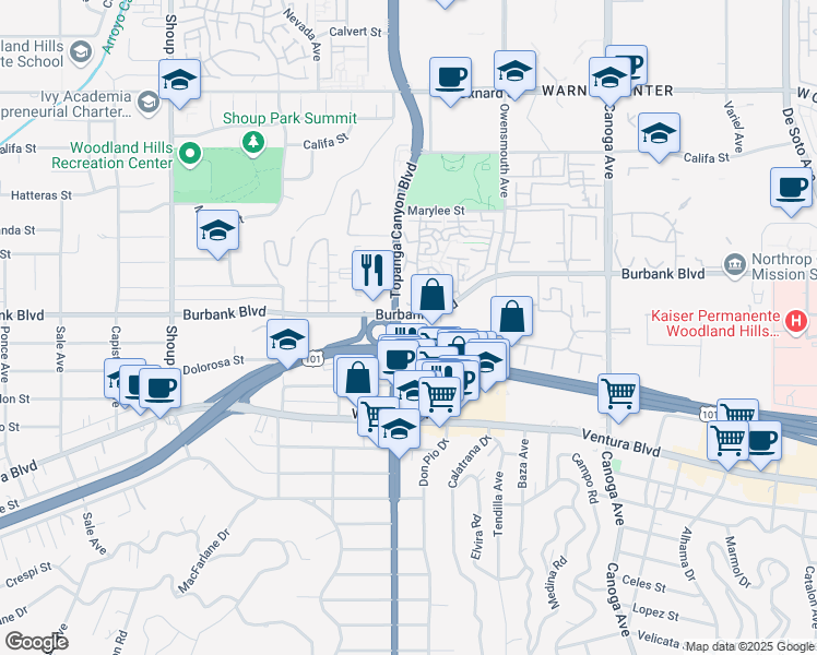 map of restaurants, bars, coffee shops, grocery stores, and more near 5550 Topanga Canyon Boulevard in Los Angeles