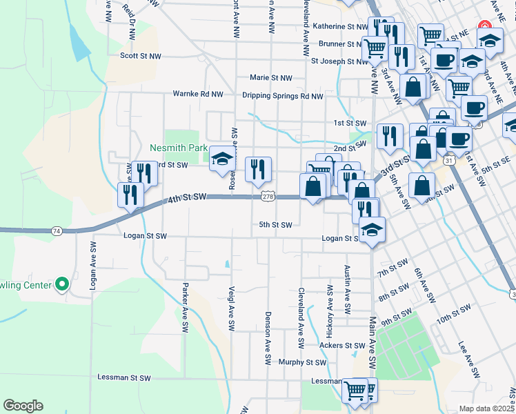 map of restaurants, bars, coffee shops, grocery stores, and more near 1416 4th Street Southwest in Cullman
