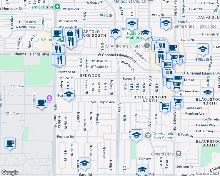 map of restaurants, bars, coffee shops, grocery stores, and more near 3101 Jackson St in Oxnard