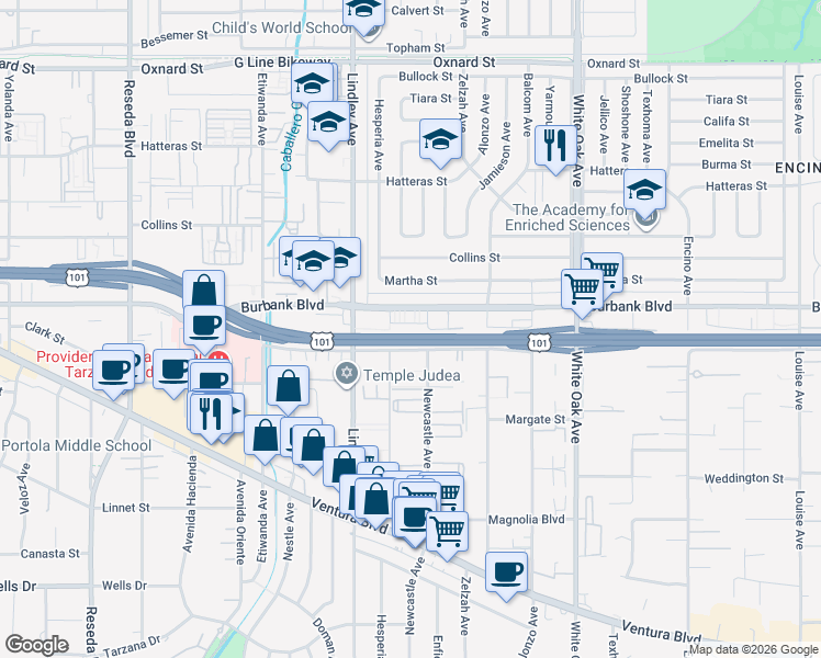 map of restaurants, bars, coffee shops, grocery stores, and more near 5541 Newcastle Avenue in Los Angeles