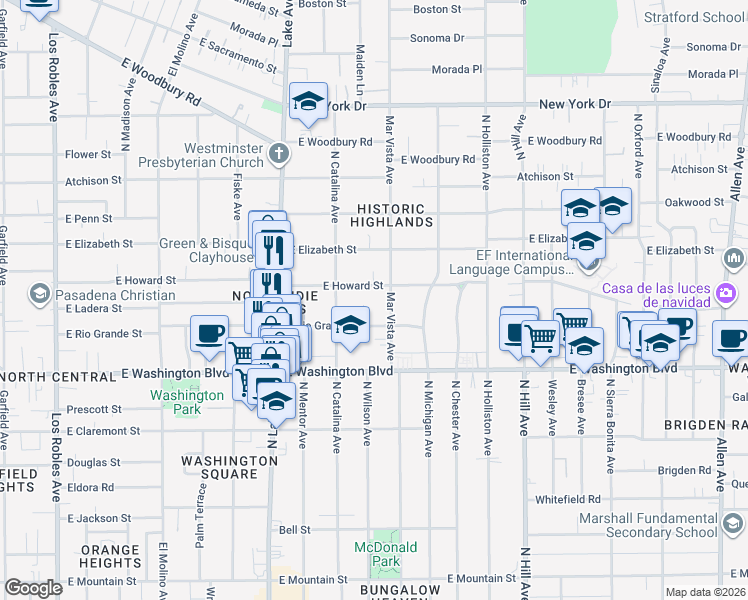 map of restaurants, bars, coffee shops, grocery stores, and more near 1478 North Wilson Avenue in Pasadena