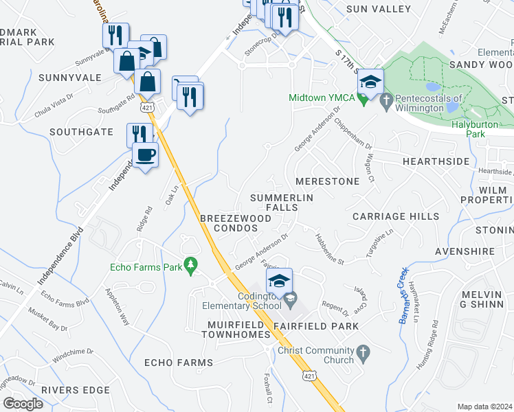 map of restaurants, bars, coffee shops, grocery stores, and more near 1056 Summerlin Falls Court in Wilmington