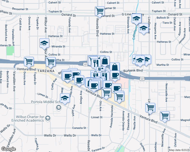 map of restaurants, bars, coffee shops, grocery stores, and more near 5557e Reseda Boulevard in Los Angeles