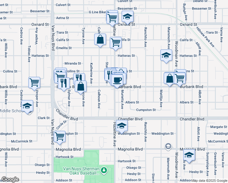 map of restaurants, bars, coffee shops, grocery stores, and more near 5551 Hazeltine Avenue in Los Angeles