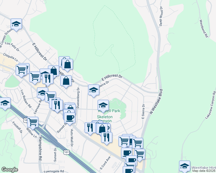 map of restaurants, bars, coffee shops, grocery stores, and more near 3195 East Sierra Drive in Westlake Village