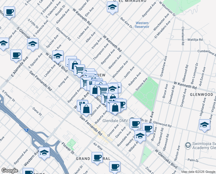 map of restaurants, bars, coffee shops, grocery stores, and more near 1140 Winchester Avenue in Glendale