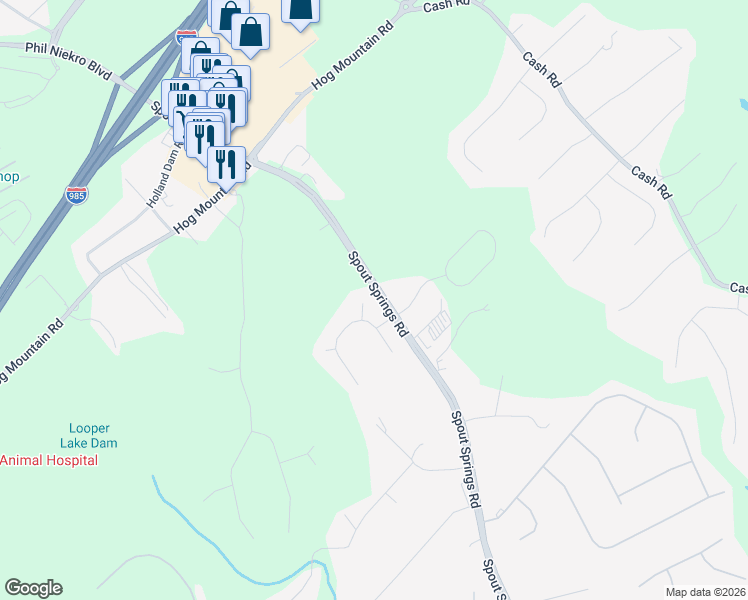 map of restaurants, bars, coffee shops, grocery stores, and more near 6244 Highgrove Drive in Flowery Branch
