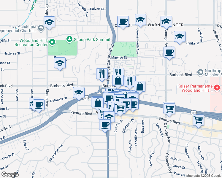 map of restaurants, bars, coffee shops, grocery stores, and more near 169 Burbank Boulevard in Los Angeles