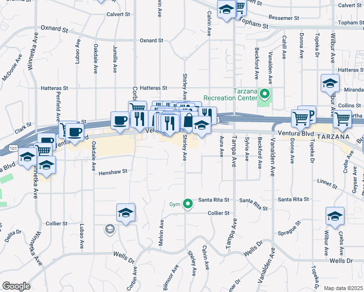map of restaurants, bars, coffee shops, grocery stores, and more near 5535 Shirley Avenue in Los Angeles