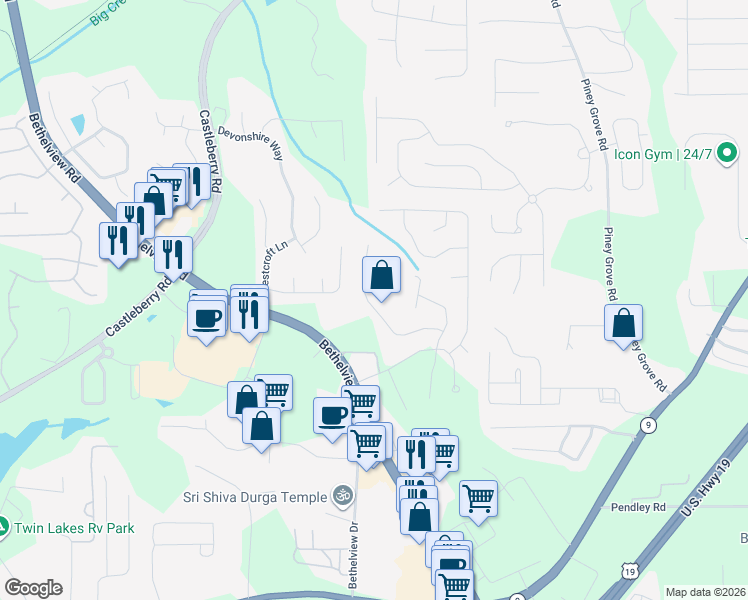 map of restaurants, bars, coffee shops, grocery stores, and more near 6360 Whirlaway Drive in Cumming