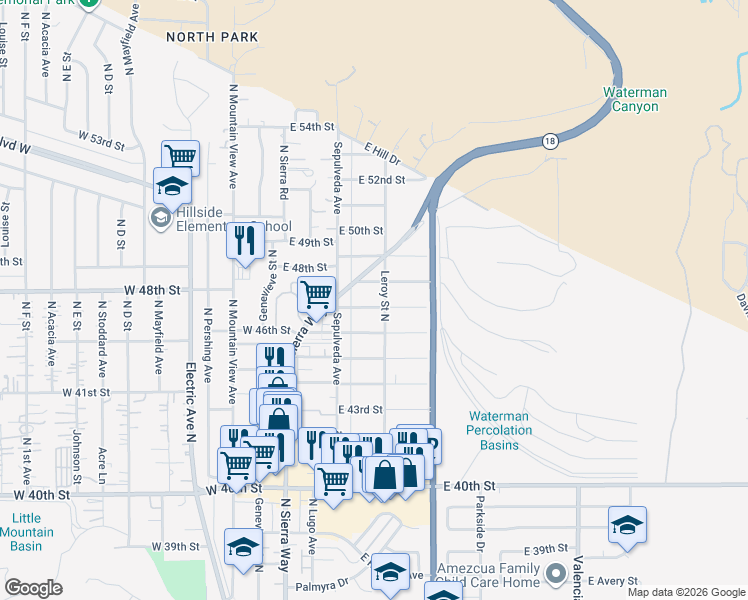 map of restaurants, bars, coffee shops, grocery stores, and more near 220 East 47th Street in San Bernardino
