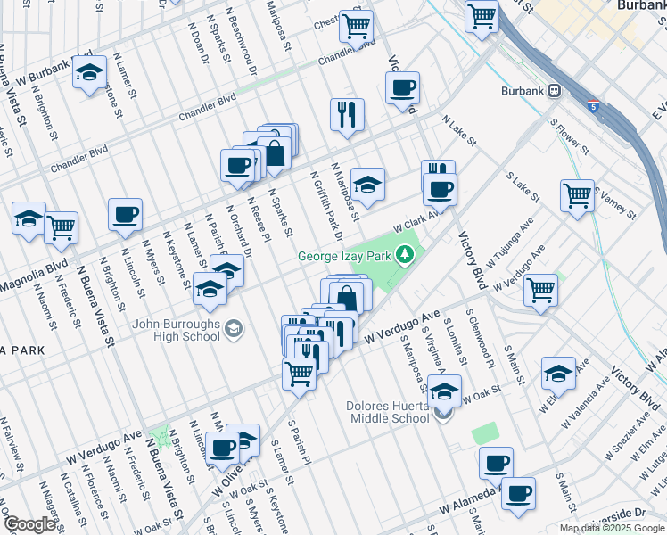 map of restaurants, bars, coffee shops, grocery stores, and more near 236 North Beachwood Drive in Burbank