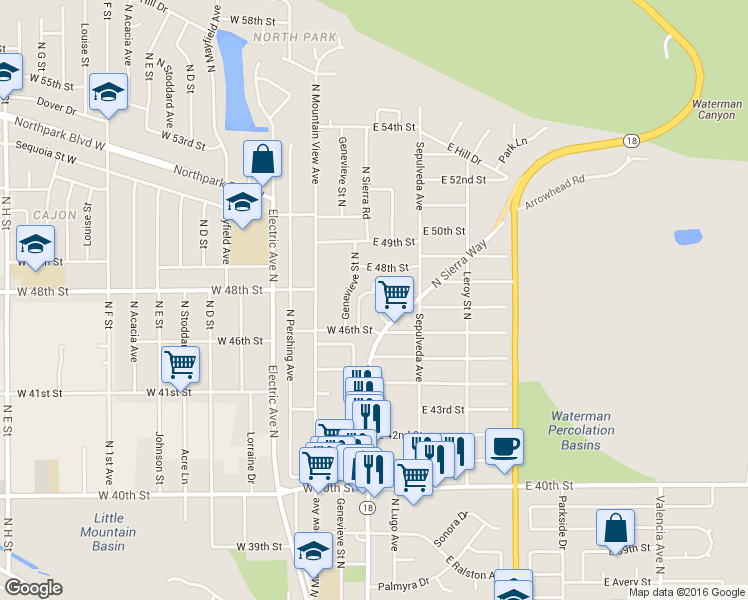 map of restaurants, bars, coffee shops, grocery stores, and more near 4734 Woodbend Lane in San Bernardino