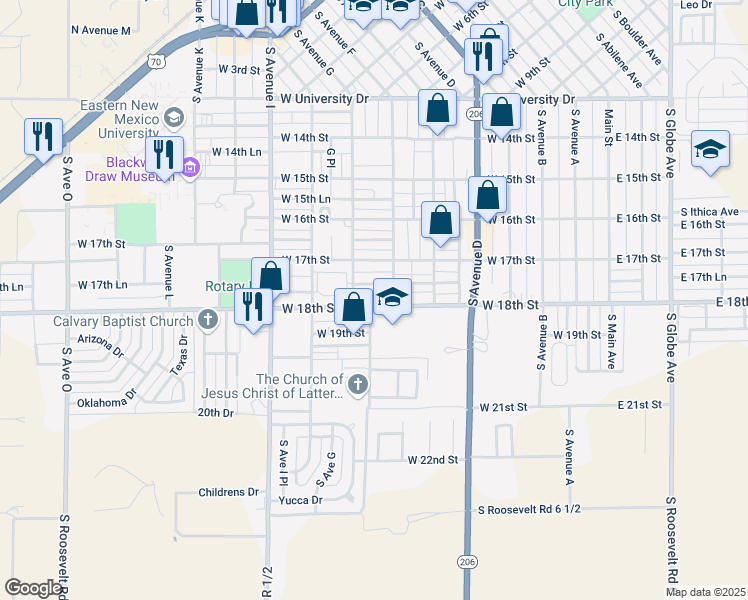 map of restaurants, bars, coffee shops, grocery stores, and more near 716 West 18th Street in Portales