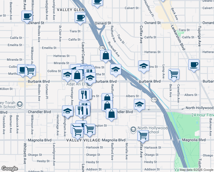 map of restaurants, bars, coffee shops, grocery stores, and more near 11922 Burbank Boulevard in Los Angeles
