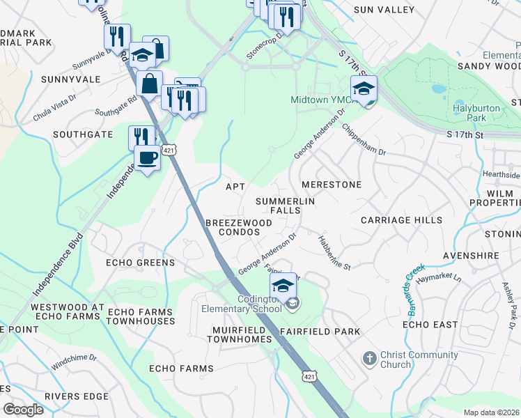 map of restaurants, bars, coffee shops, grocery stores, and more near 1056 Summerlin Falls Court in Wilmington