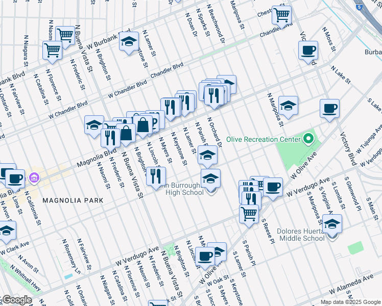 map of restaurants, bars, coffee shops, grocery stores, and more near 443 North Lamer Street in Burbank