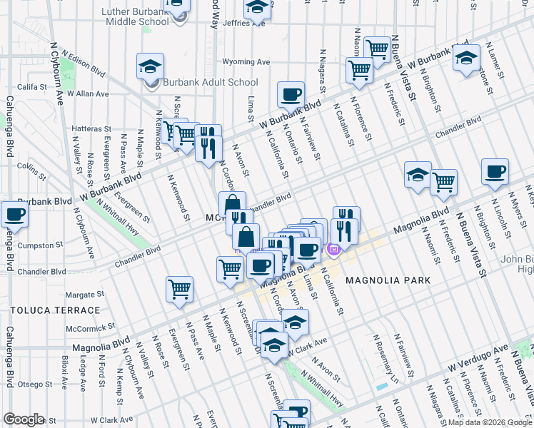 map of restaurants, bars, coffee shops, grocery stores, and more near 1134 North Avon Street in Burbank