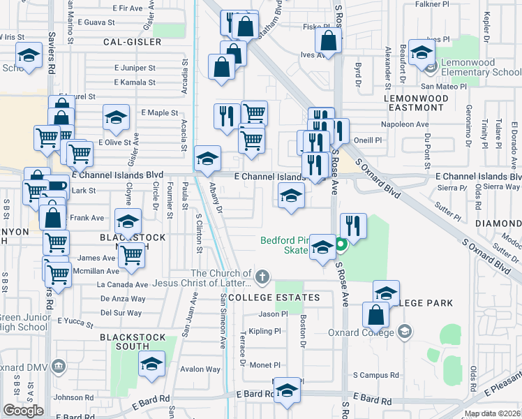 map of restaurants, bars, coffee shops, grocery stores, and more near 3026 Concord Drive in Oxnard
