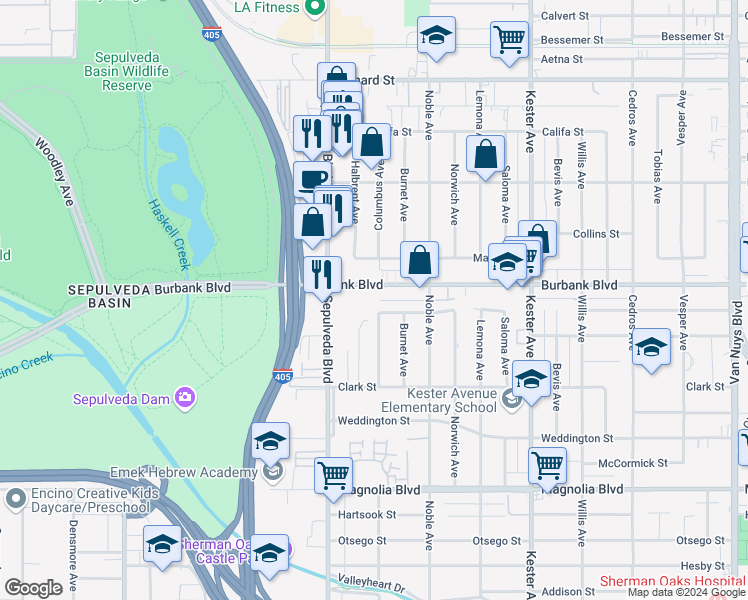 map of restaurants, bars, coffee shops, grocery stores, and more near 15206 Burbank Boulevard in Los Angeles
