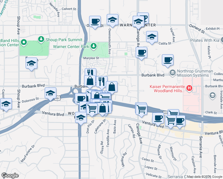 map of restaurants, bars, coffee shops, grocery stores, and more near 5530 Owensmouth Avenue in Los Angeles